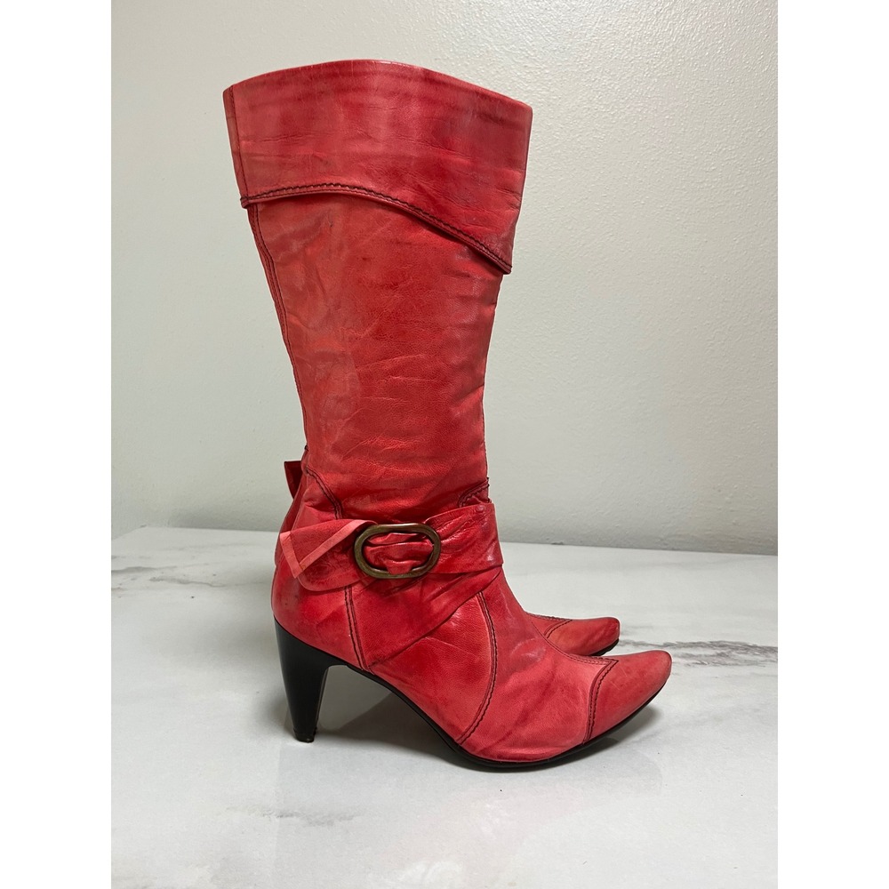 Y2K Genuine Leather Boots Red EU 40 Pointed Toe Boho Western Retro